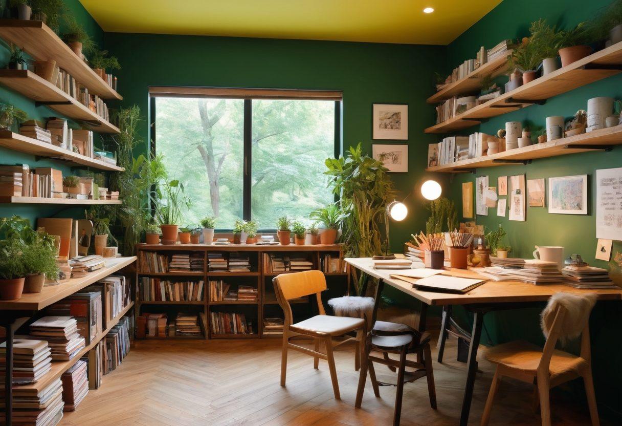 A vibrant scene depicting a diverse group of writers engaged in a creative workshop, sharing ideas and experiences. The setting features a cozy room filled with books, notepads, and art supplies, with warm lighting creating an inviting atmosphere. Various cultural backgrounds are represented, showcasing collaboration and inspiration. Include elements like coffee cups, plants, and inspirational quotes on the walls to enhance the creative vibe. vibrant colors. cozy ambiance. super-realistic.