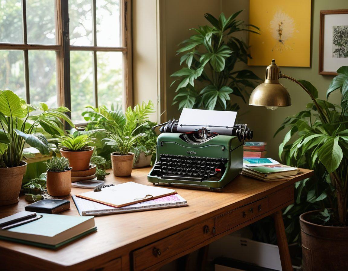 A whimsical workspace with a vintage typewriter and colorful notebooks scattered around, featuring a luminous laptop displaying creative designs. Sunlight streams through a window filled with plants, symbolizing growth and innovation. In the background, framed art and personal photos reflect passion projects, creating a cozy, inspiring atmosphere. Use warm, inviting colors. super-realistic. vibrant colors.