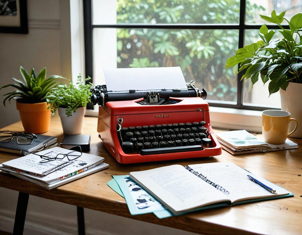A bright and inviting workspace filled with colorful stationery, a vintage typewriter, and a laptop open to a blog page. A warm cup of coffee sits beside an open notebook with doodles and ideas jotted down, while natural light floods in through a window adorned with plants. The scene captures a sense of joy and creativity in amateur blogging and lifestyle sharing. vibrant colors. cozy atmosphere. super-realistic.